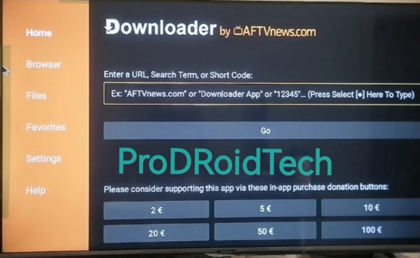 Screenshot of the Downloader app interface on Android TV showing a URL input field for downloading APK files.
