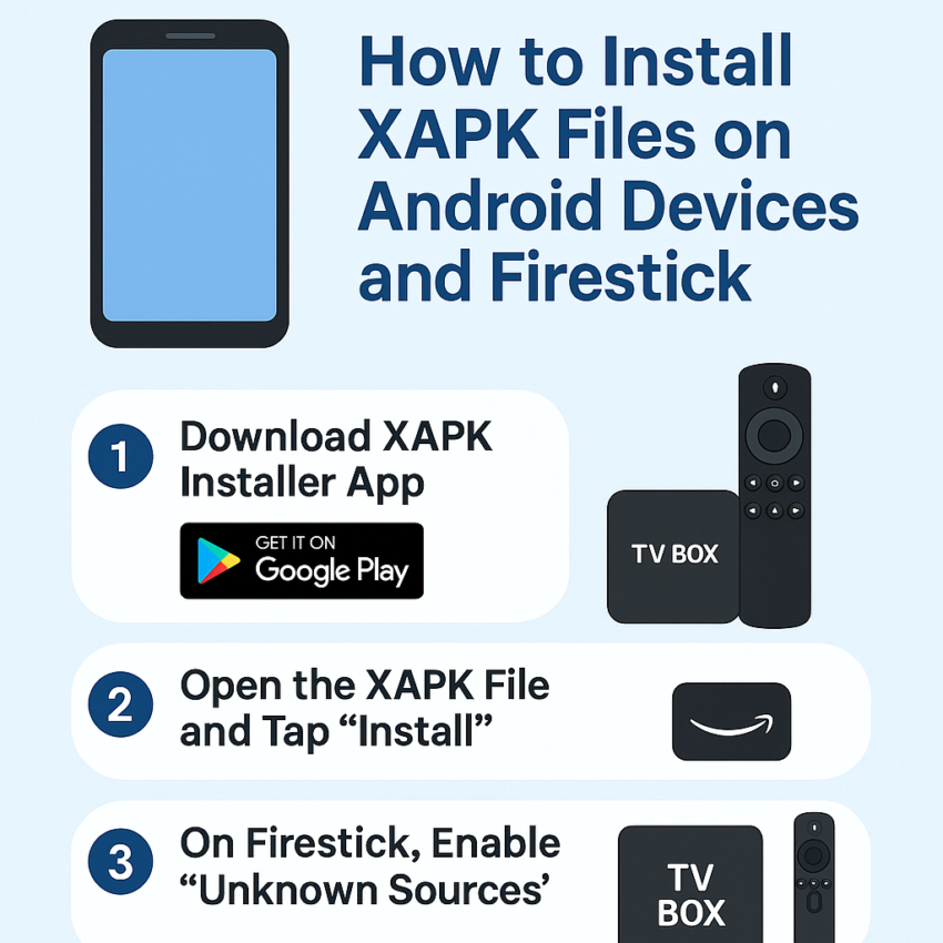Digital infographic in Arabic explaining the steps for installing XAPK apps on Android and Firestick devices, with icons for an Android phone, Firestick, and a Google Play download button.